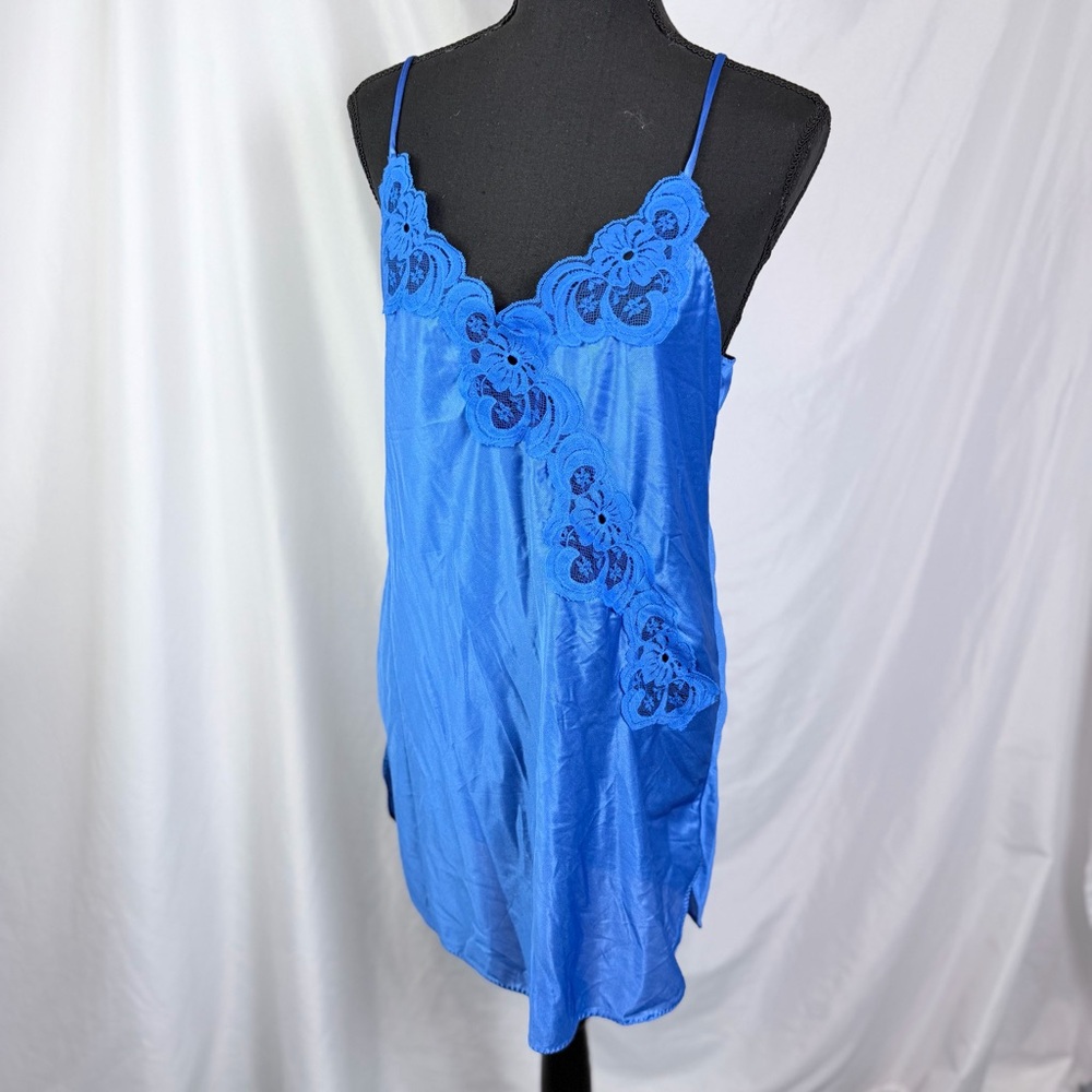 Vintage Janice Lee Blue Lace Trim Slip Nightgown Size L | Fantasy Nightwear - Picture 2 of 10